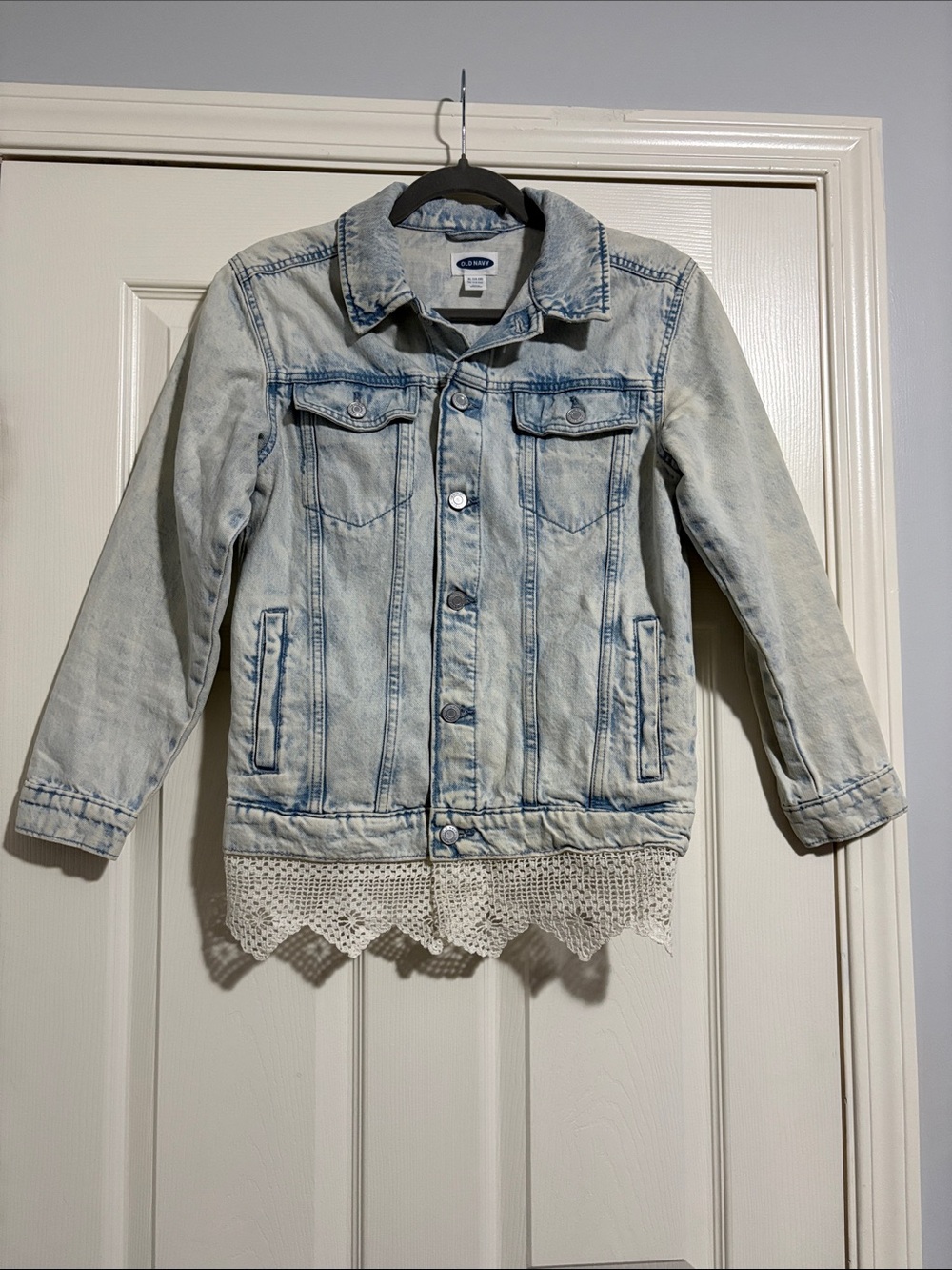 Hand painted Old Navy Denim Jacket with Faded White Wash Lace and Lemons